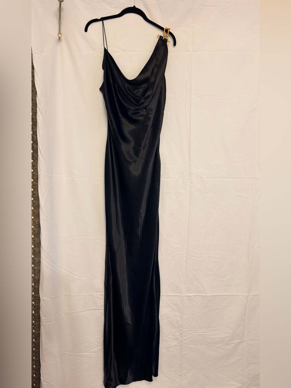Balmain Black Satin Evening Gown.